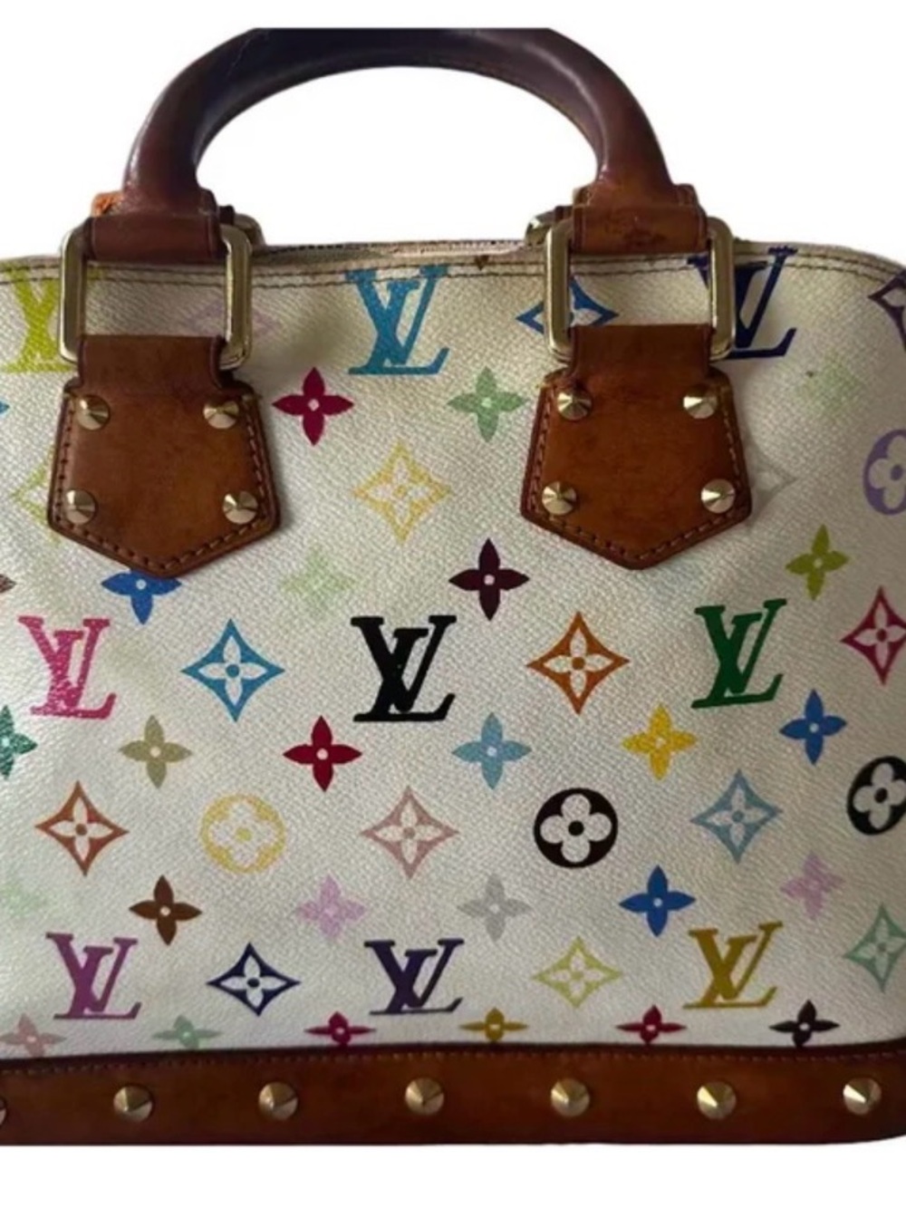 Louis Vuitton White Multicolor Monogram Satchel with Brown Trim